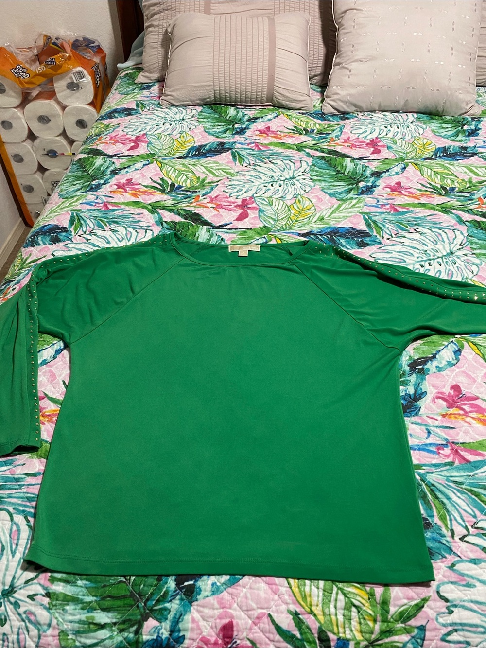 Michael Kors Green Long Sleeve Tee with Stud gold Accents